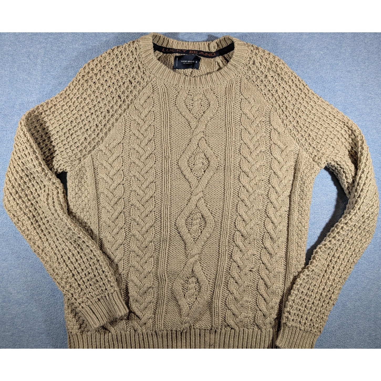 Lucky Brand Sweater Mens Medium Tan Cable Knit Crewneck Raglan Fisherman Chunky